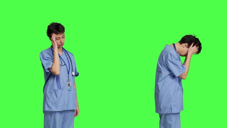 Unwell-nurse-suffering-from-a-headache-against-greenscreen-backdrop
